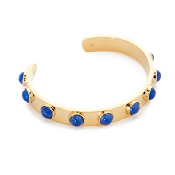 kate spade Gold Tone Tag Along Cuff Bracelet With Blue Inset Round Stones NWT - Picture 3 of 8